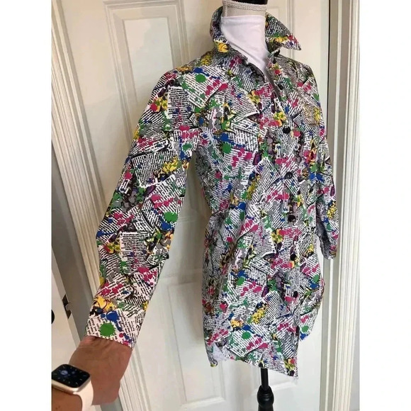 Thrill graffiti colorful raw hem button down long sleeve shirt dress small  NWT - Picture 2 of 13